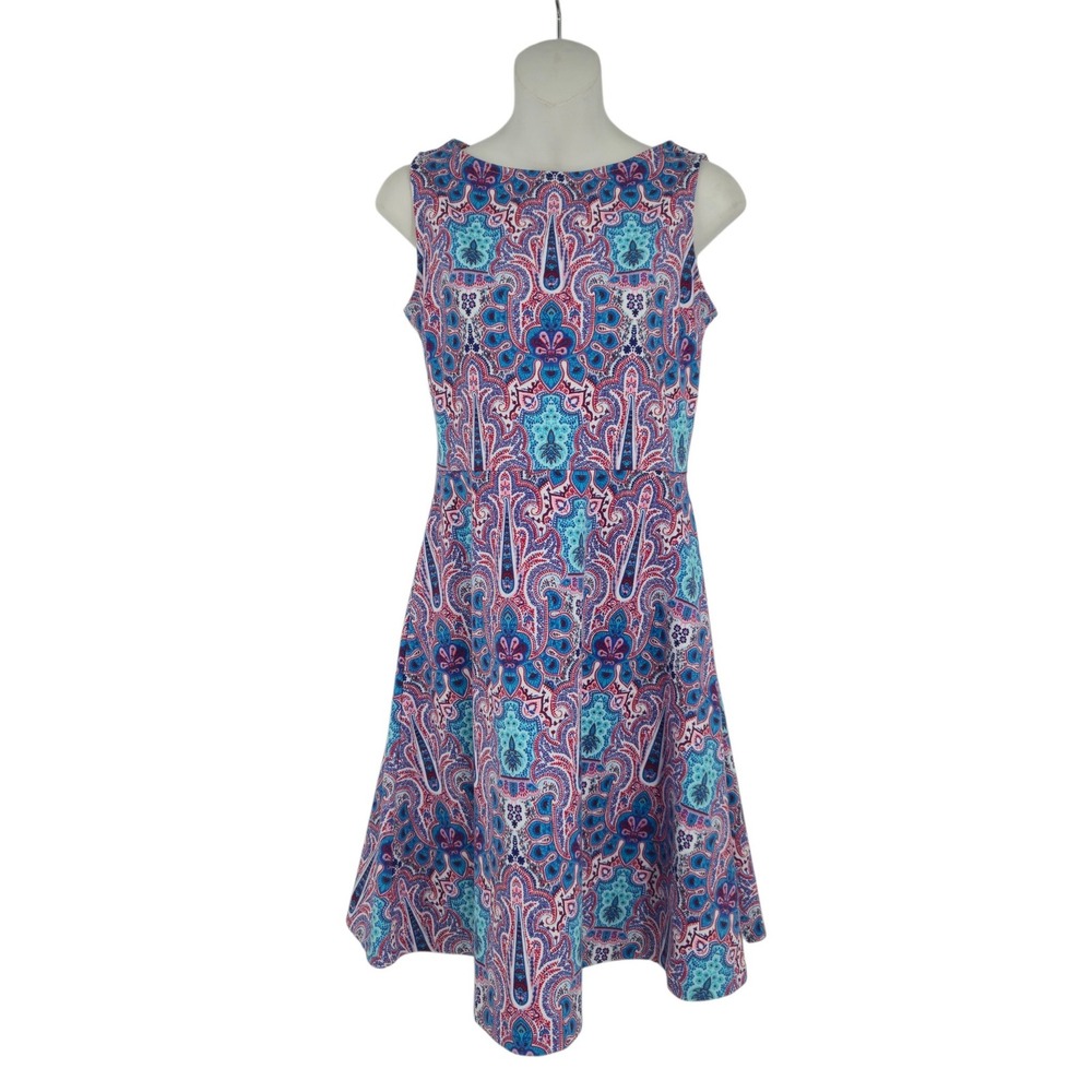 Talbots Paisley Fit & Flare Dress Womens Small Petite Blue Red Sleeveless Casual